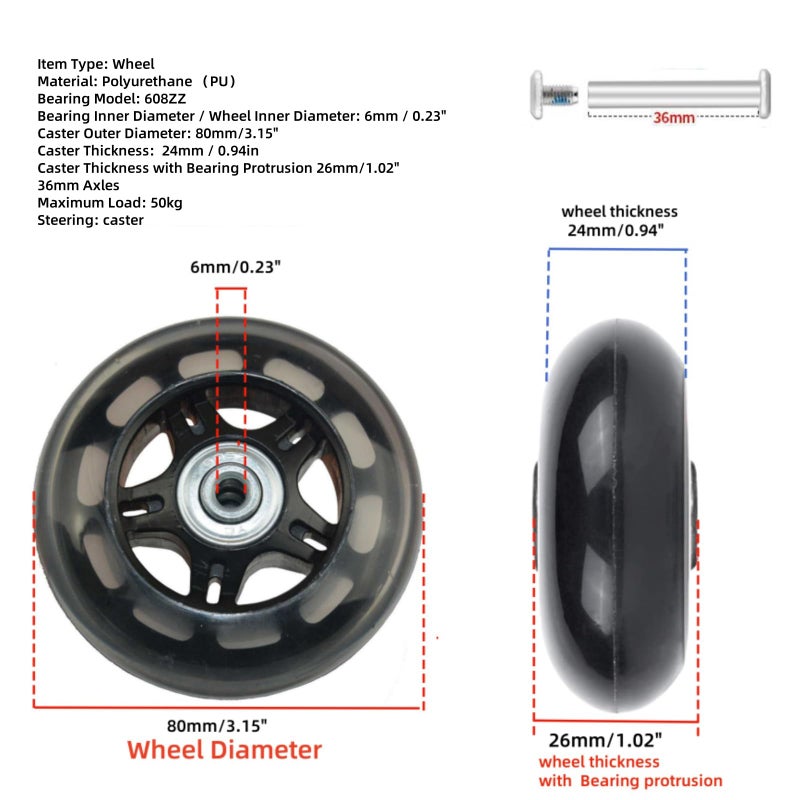 Rhinenet Replacement Luggage Suitcase Wheels OD 80mm PU Replacement Wheels with ABEC-7 Bearings Roller attachable wheels for duffel bag Trolley Bag, Inline Skate and Caster Board - Image 2
